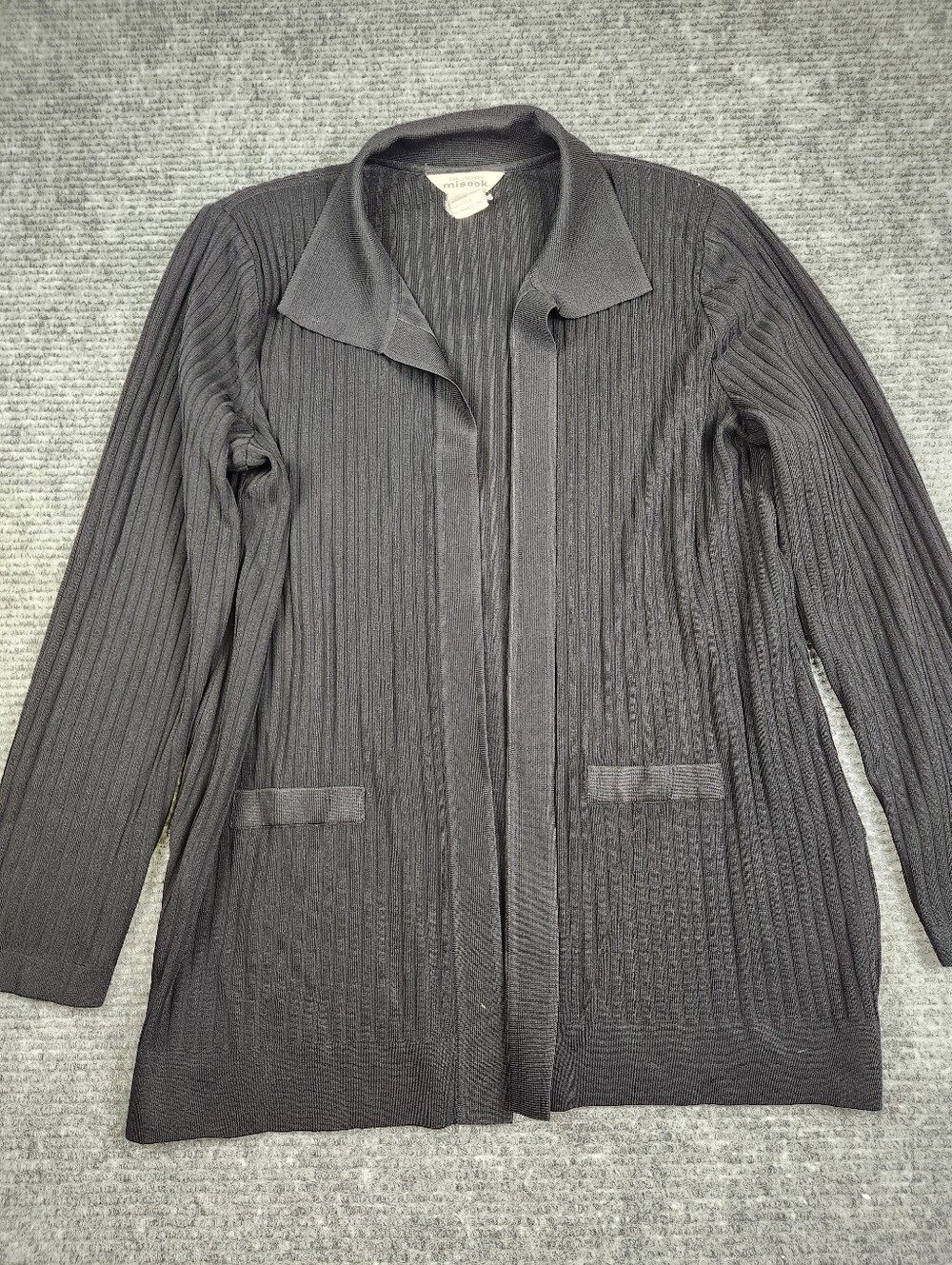 Misook Cardigan Sweater Ribbed Black Womens L Faux Pockets Shoulder Pads